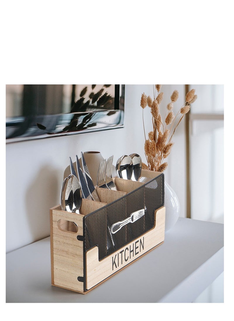 Kitchen Counter Utensil Holder Black Metal paired with Wood Flatware Organizer 4 Compartments for Spatula Crock Cutlery Caddy Forks, Spoons, Knives, Farmhouse Bin Storage Box