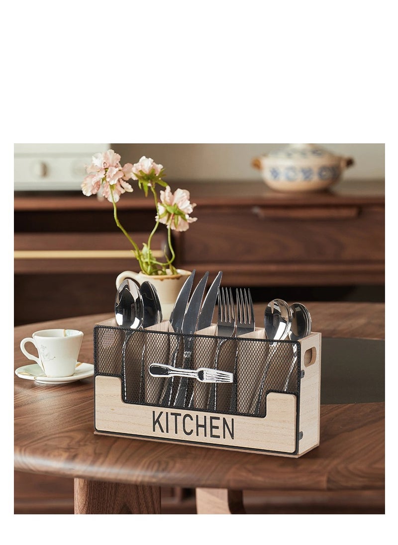 Kitchen Counter Utensil Holder Black Metal paired with Wood Flatware Organizer 4 Compartments for Spatula Crock Cutlery Caddy Forks, Spoons, Knives, Farmhouse Bin Storage Box