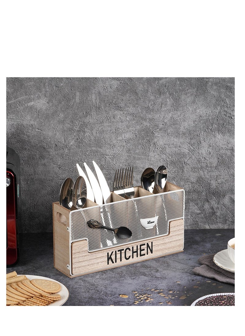 Kitchen Counter Utensil Holder Black Metal paired with Wood Flatware Organizer 4 Compartments for Spatula Crock Cutlery Caddy Forks, Spoons, Knives, Farmhouse Bin Storage Box