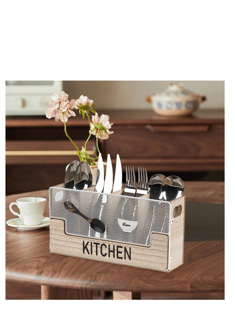 Kitchen Counter Utensil Holder Black Metal paired with Wood Flatware Organizer 4 Compartments for Spatula Crock Cutlery Caddy Forks, Spoons, Knives, Farmhouse Bin Storage Box