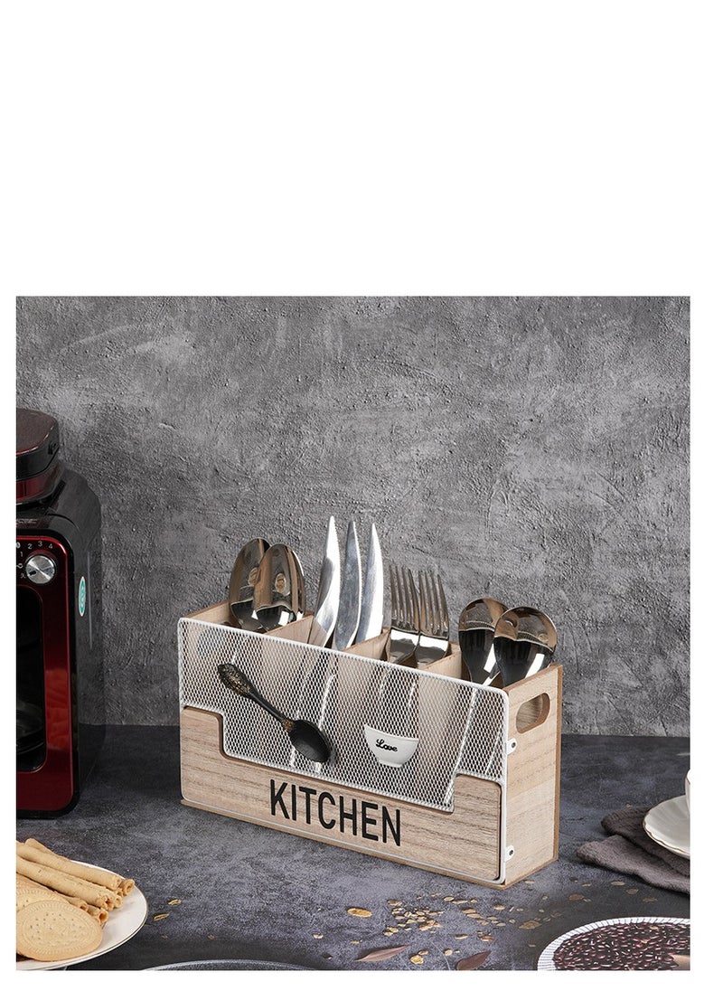 Kitchen Counter Utensil Holder Black Metal paired with Wood Flatware Organizer 4 Compartments for Spatula Crock Cutlery Caddy Forks, Spoons, Knives, Farmhouse Bin Storage Box