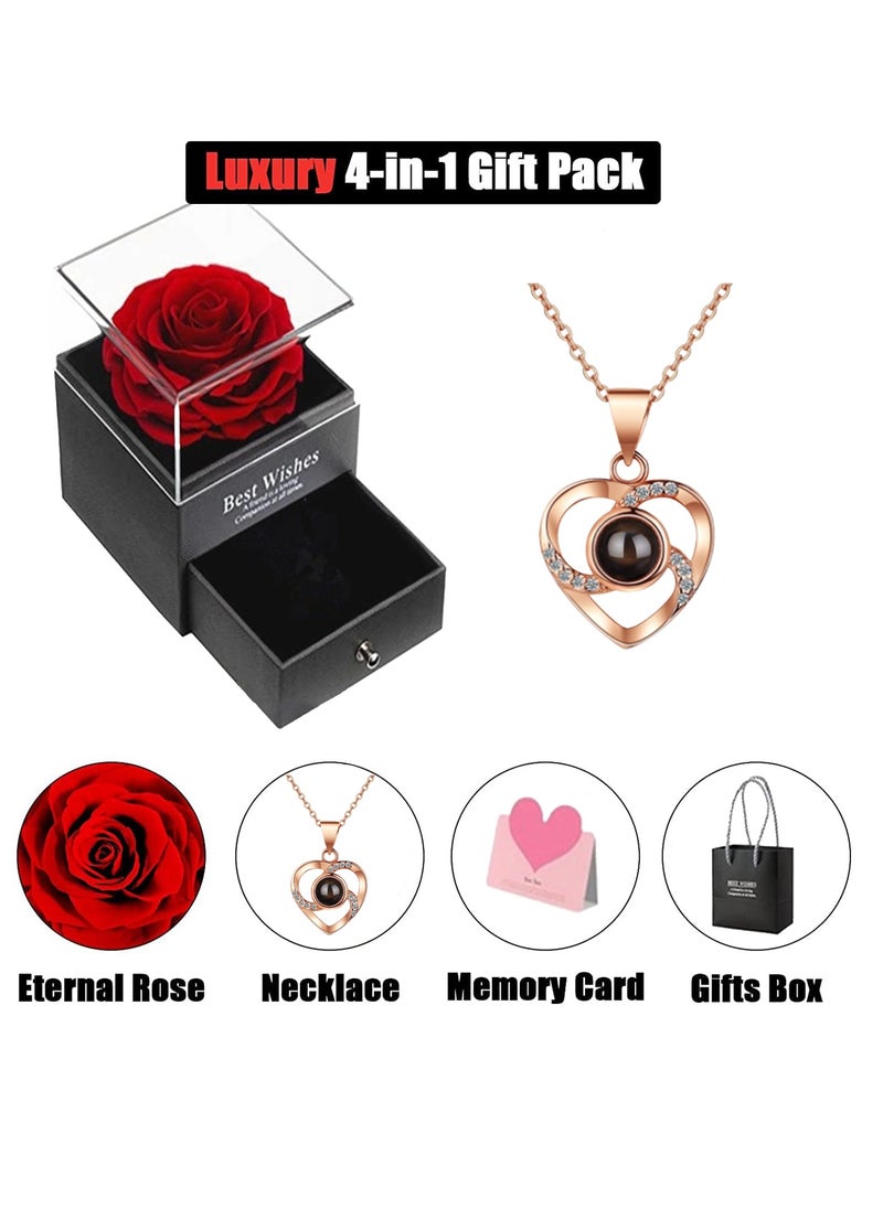 Adando Eternal Rose with Gift Box Cute Eternal Red Rose Set with I Love You Necklace Handmade Preserved Rose Jewelry Box for Mom/Wife/Girlfriend A Romantic Gift for Her