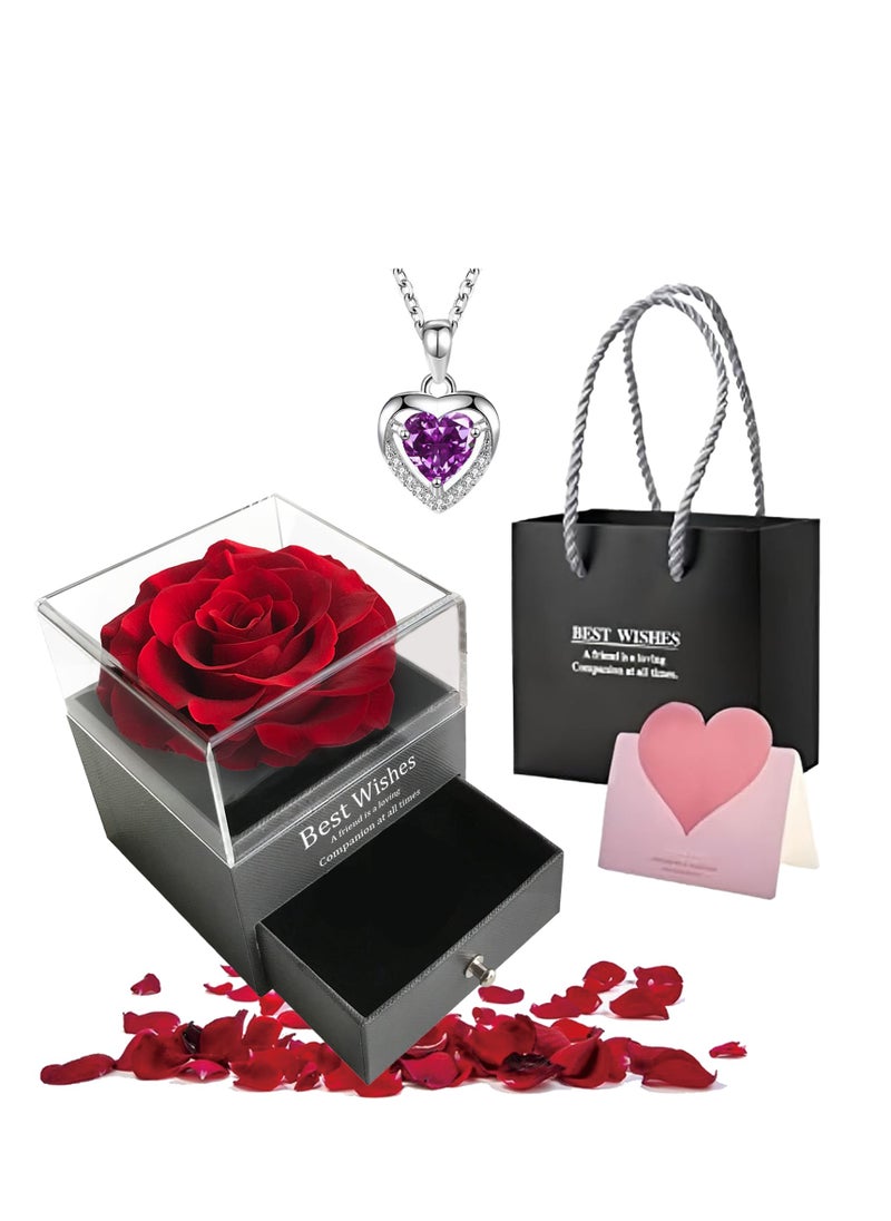 Adando Eternal Rose with Gift Box Cute Eternal Red Rose Set with I Love You Necklace Handmade Preserved Rose Jewelry Box for Mom/Wife/Girlfriend A Romantic Gift for Her