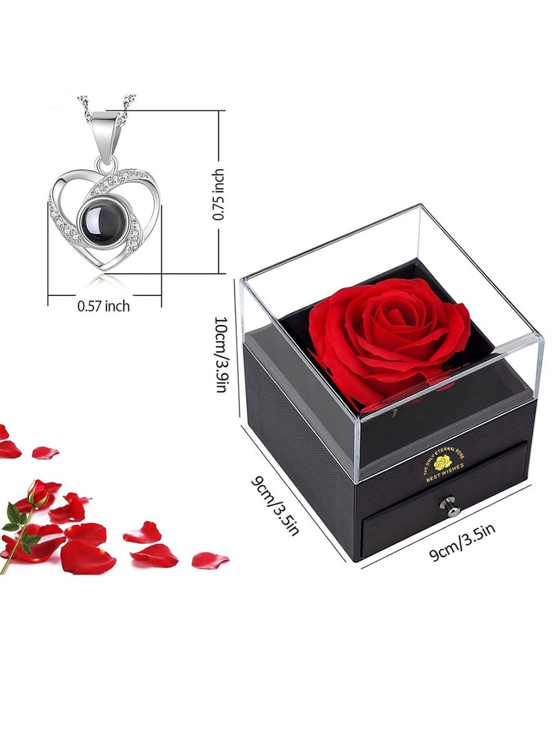 Adando Eternal Rose with Gift Box Cute Eternal Red Rose Set with I Love You Necklace Handmade Preserved Rose Jewelry Box for Mom/Wife/Girlfriend A Romantic Gift for Her