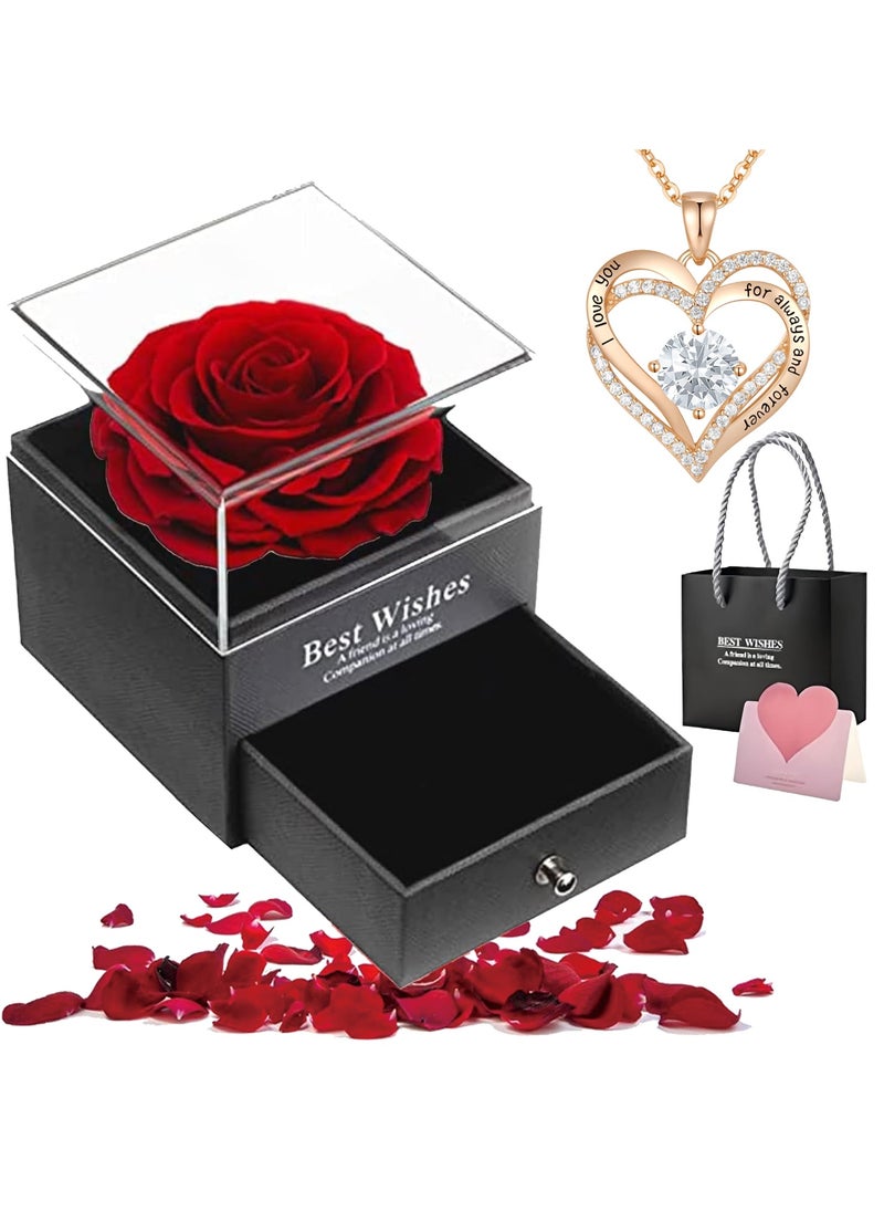 Adando Eternal Rose with Gift Box Cute Eternal Red Rose Set with I Love You Necklace Handmade Preserved Rose Jewelry Box for Mom/Wife/Girlfriend A Romantic Gift for Her