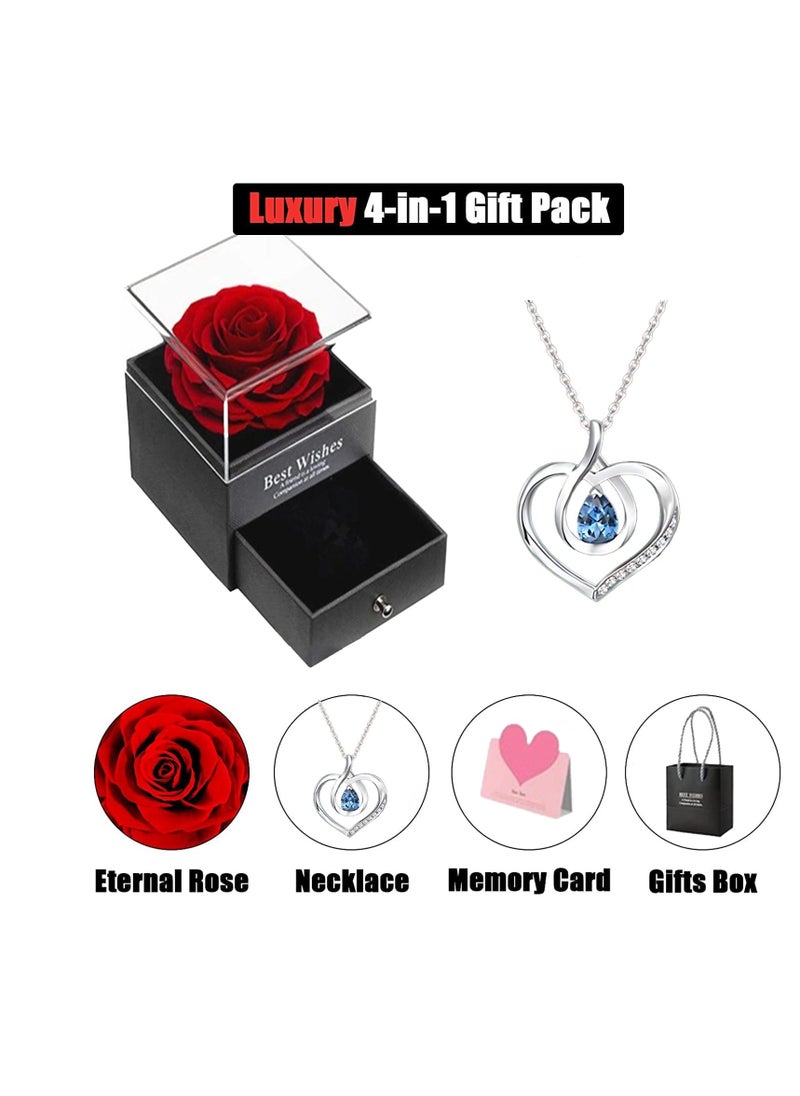 Adando Eternal Rose with Gift Box Cute Eternal Red Rose Set with I Love You Necklace Handmade Preserved Rose Jewelry Box for Mom/Wife/Girlfriend A Romantic Gift for Her