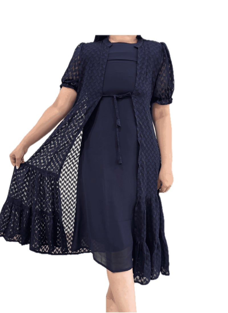 Zebees Navy Blue Lace Overlay Dress with Tie Belt , Comfortable & Stylish Maternity Dress