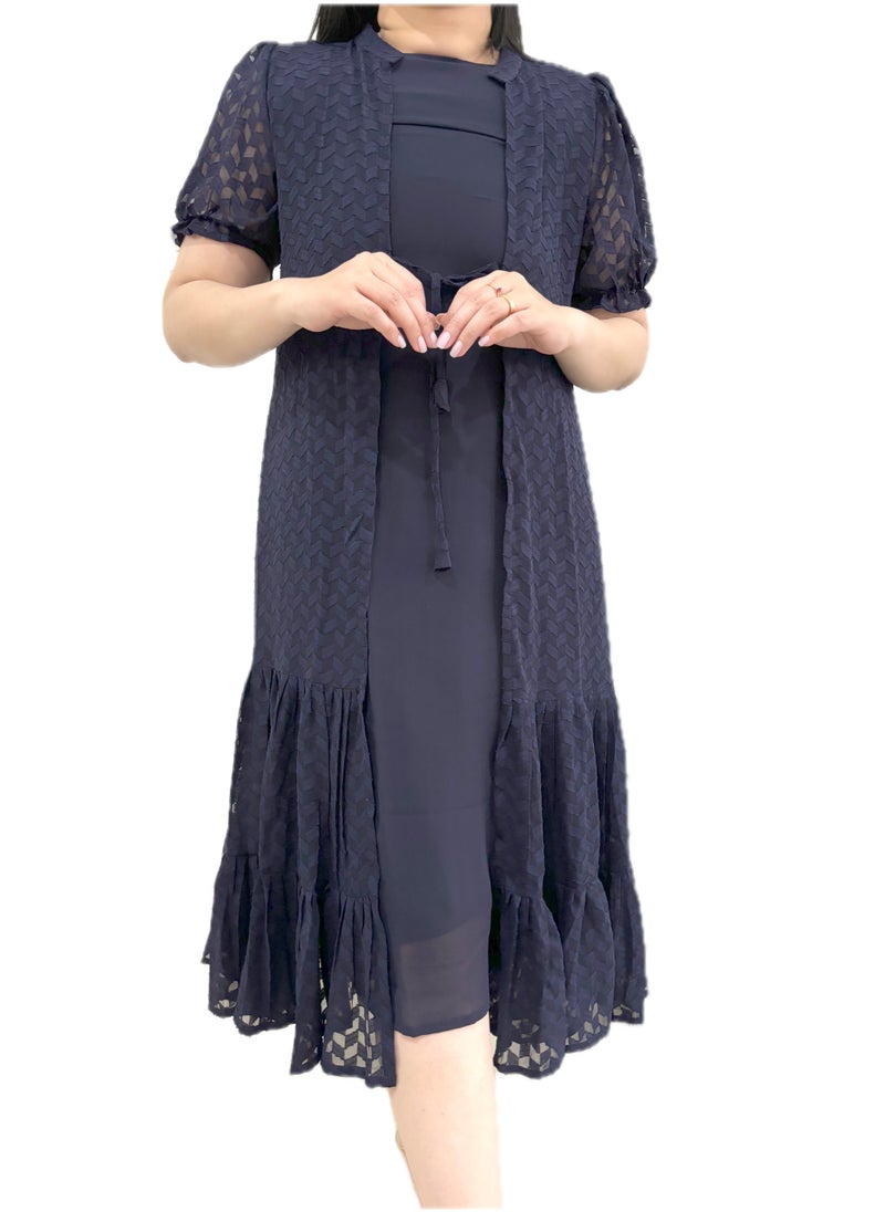 Zebees Navy Blue Lace Overlay Dress with Tie Belt , Comfortable & Stylish Maternity Dress