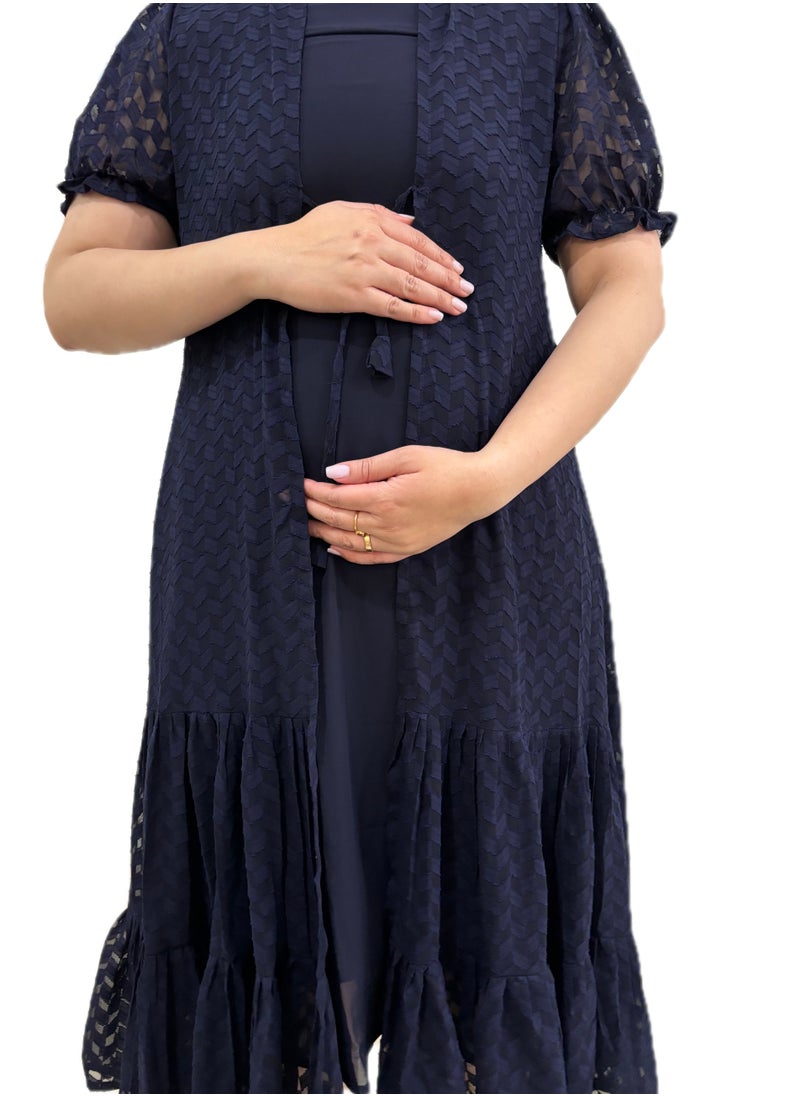 Zebees Navy Blue Lace Overlay Dress with Tie Belt , Comfortable & Stylish Maternity Dress