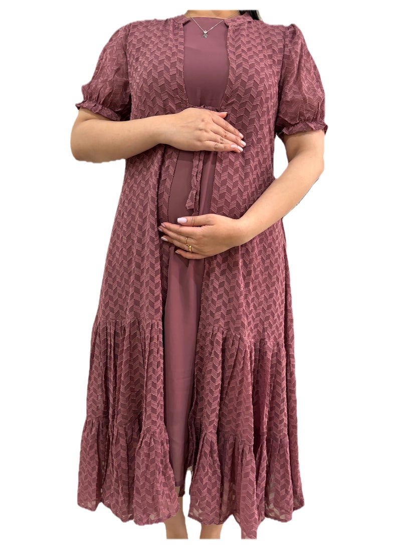 Zebees Burgundy Lace Overlay Dress with Tie Belt , Comfortable & Stylish Maternity Dress