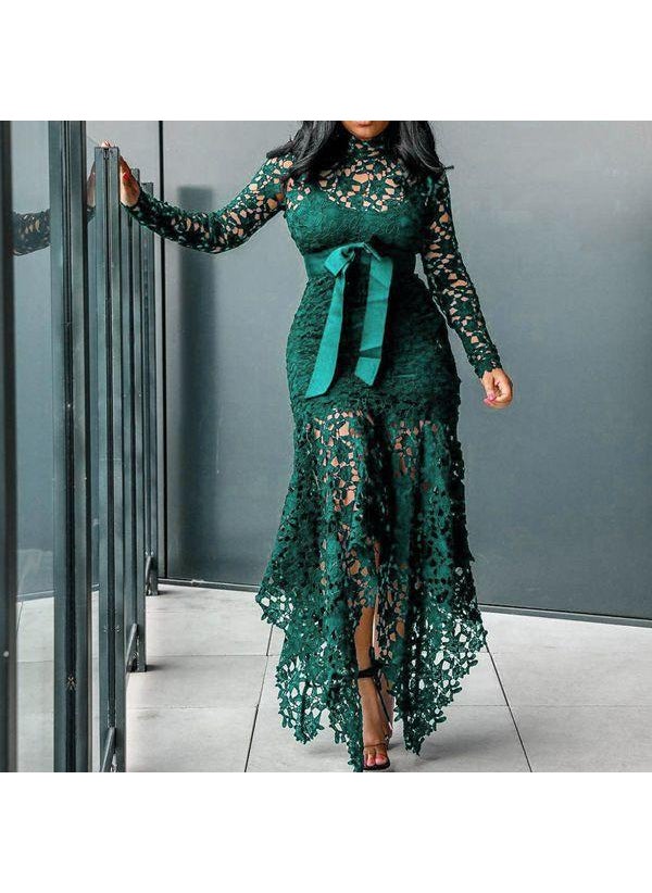 2024 Lace Hollow-out Long Sleeve Dress Green