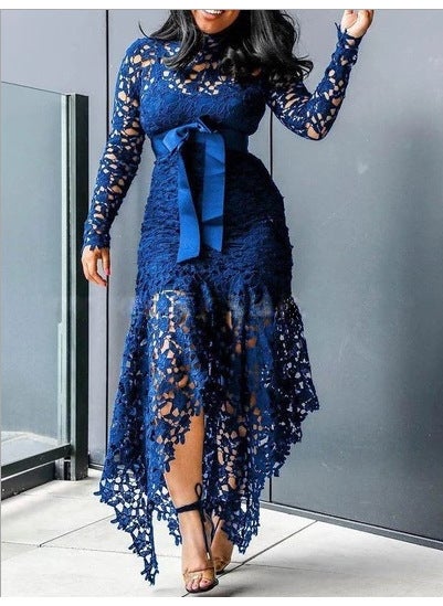 2024 Lace Hollow-out Long Sleeve Dress Blue