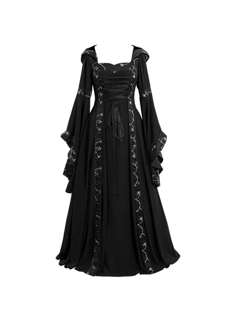 Medieval Renaissance Gown Lace-Up Square Neck Flared Sleeve Peacock Blue