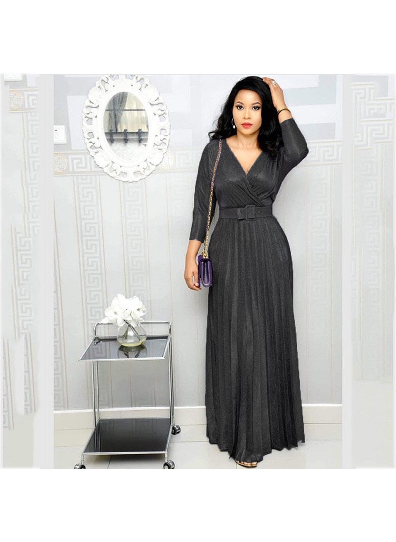 2024 Winter Fashion Pleated Maxi Dress with Belt Black