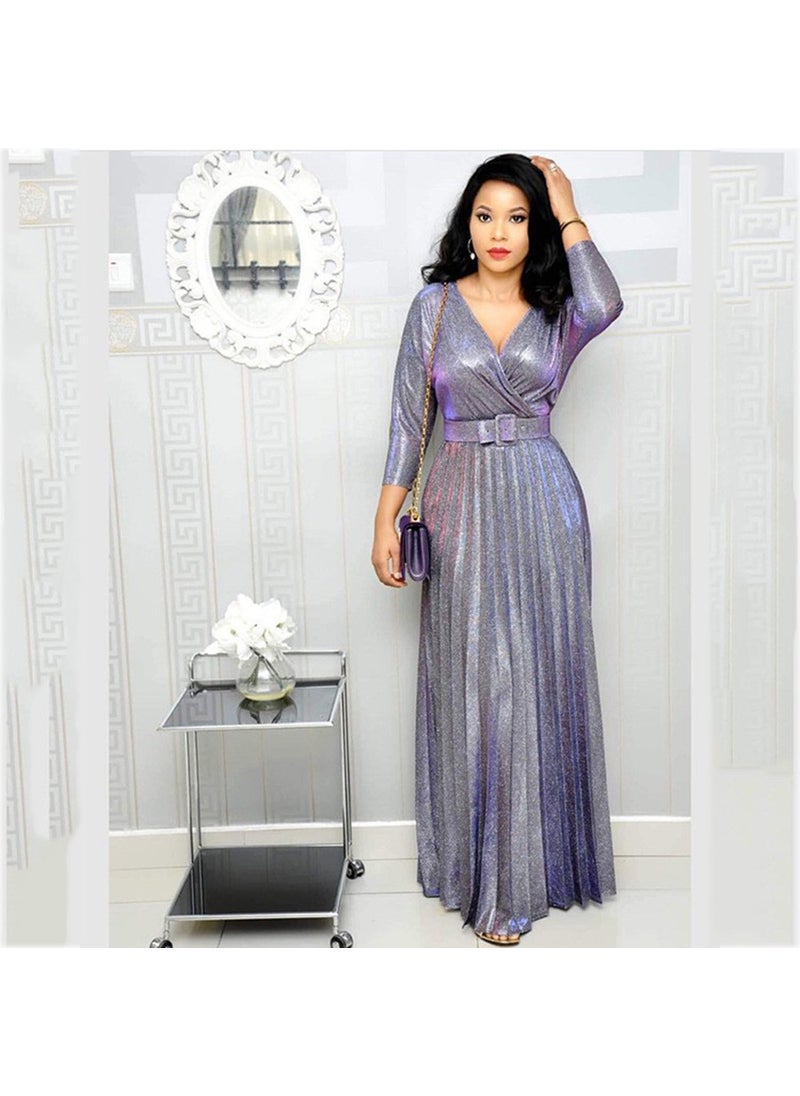 2024 Winter Fashion Pleated Maxi Dress with Belt Sky Blue