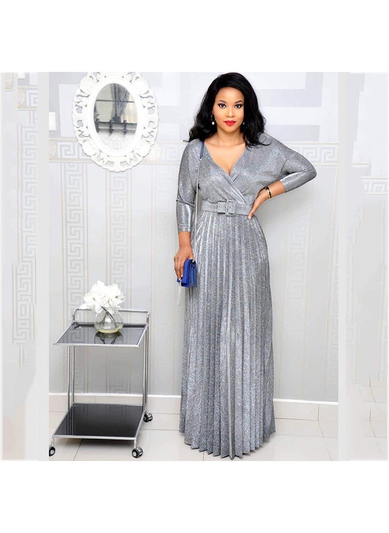 2024 Winter Fashion Pleated Maxi Dress with Belt Sky Blue