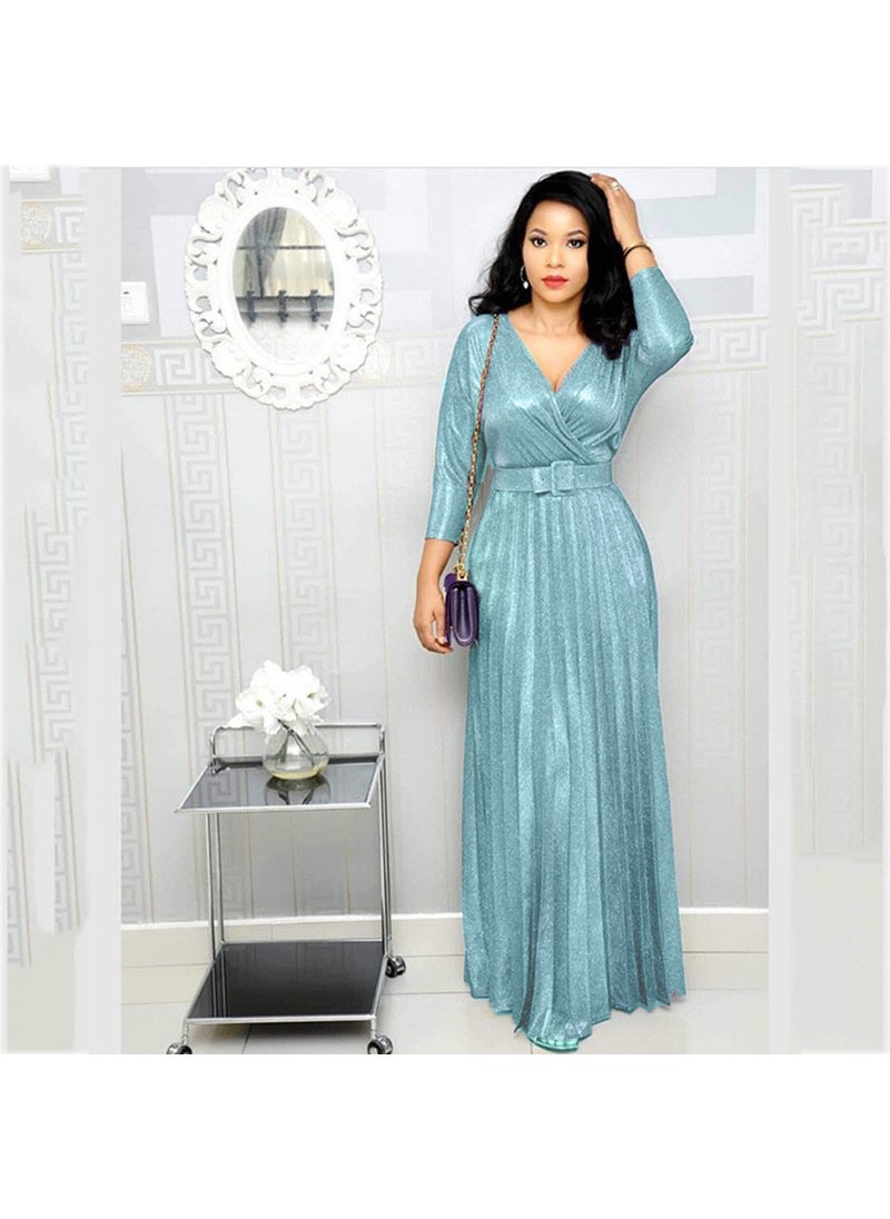 2024 Winter Fashion Pleated Maxi Dress with Belt Sky Blue