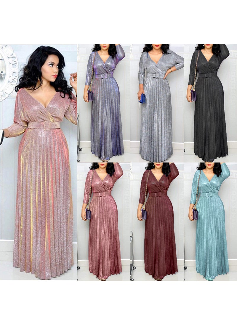 2024 Winter Fashion Pleated Maxi Dress with Belt Sky Blue