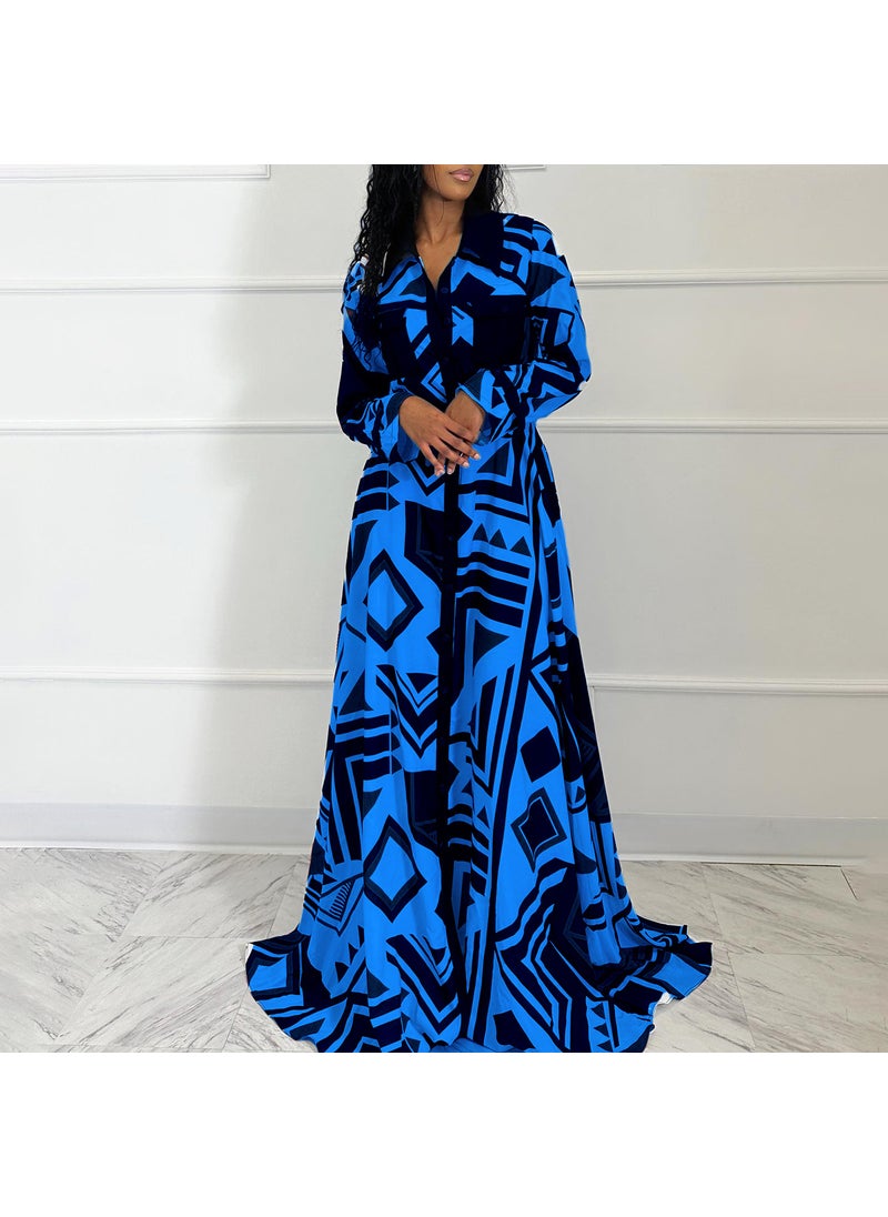 Autumn 2023 Stylish Printed Long Sleeve Dress Blue