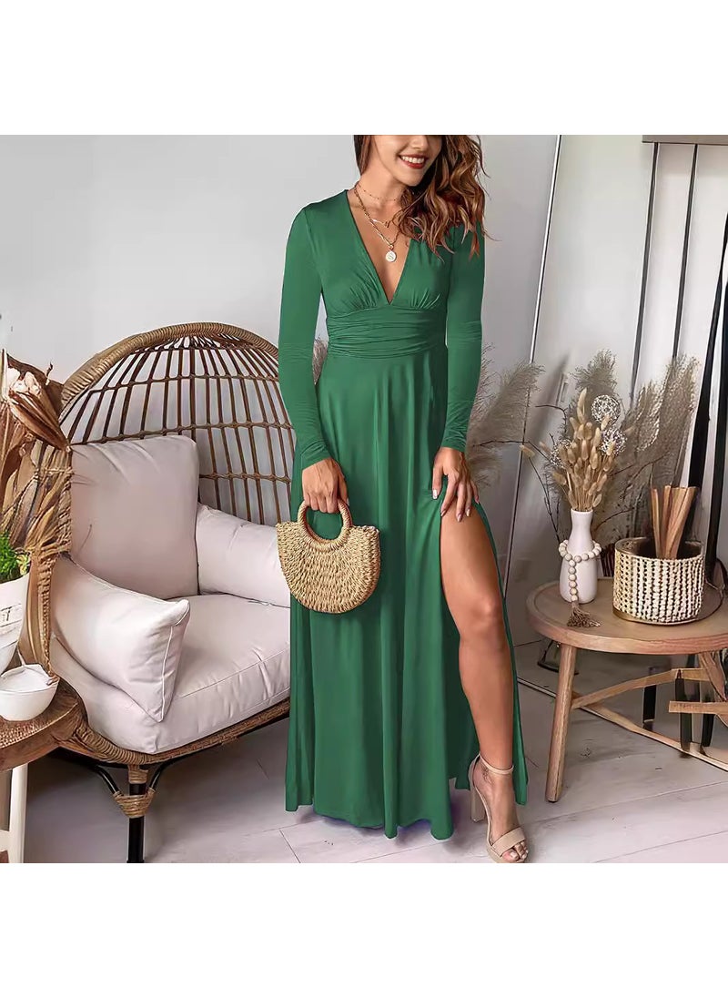 Deep V-Neck Long Sleeve Ruched High-Waist Slit Party Gown Green