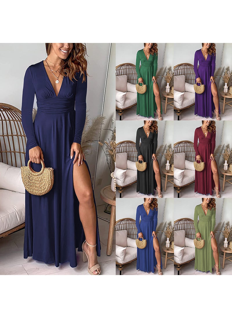 Deep V-Neck Long Sleeve Ruched High-Waist Slit Party Gown Green