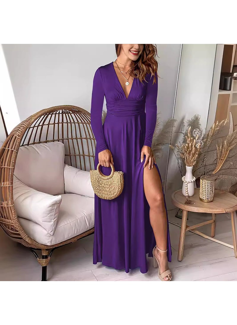 Deep V-Neck Long Sleeve Ruched High-Waist Slit Party Gown Green