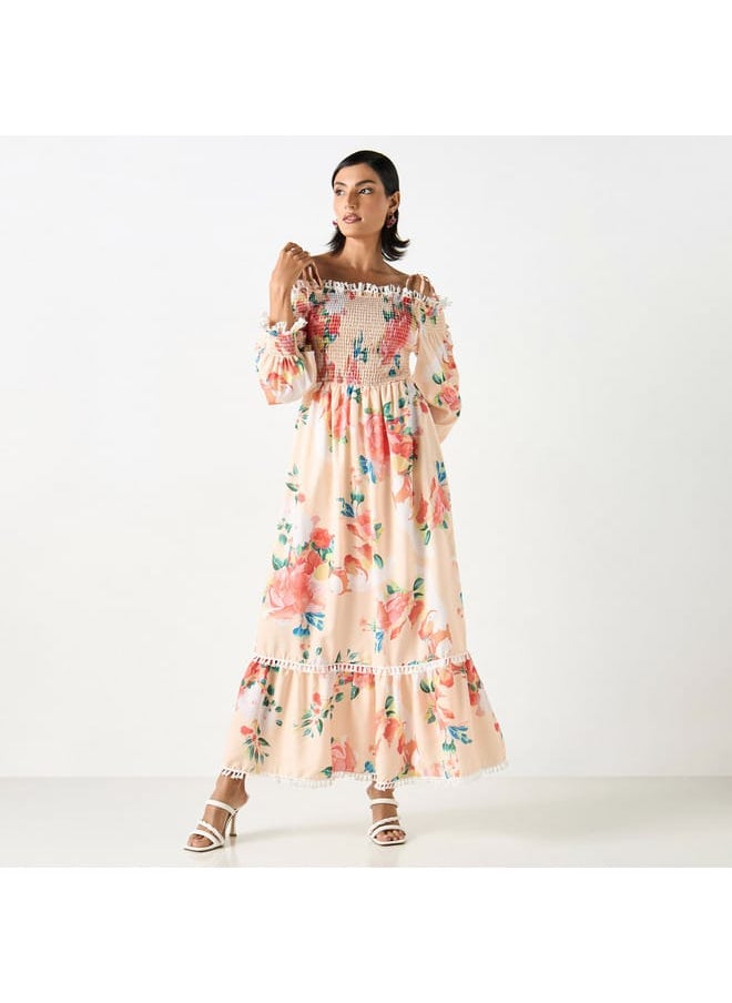 2Xtremz Floral Print Smocked Maxi Off Shoulder Dress with Strappy Tie-Ups