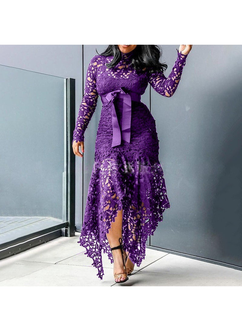 2024 Lace Hollow-Out Long Sleeve Dress Purple