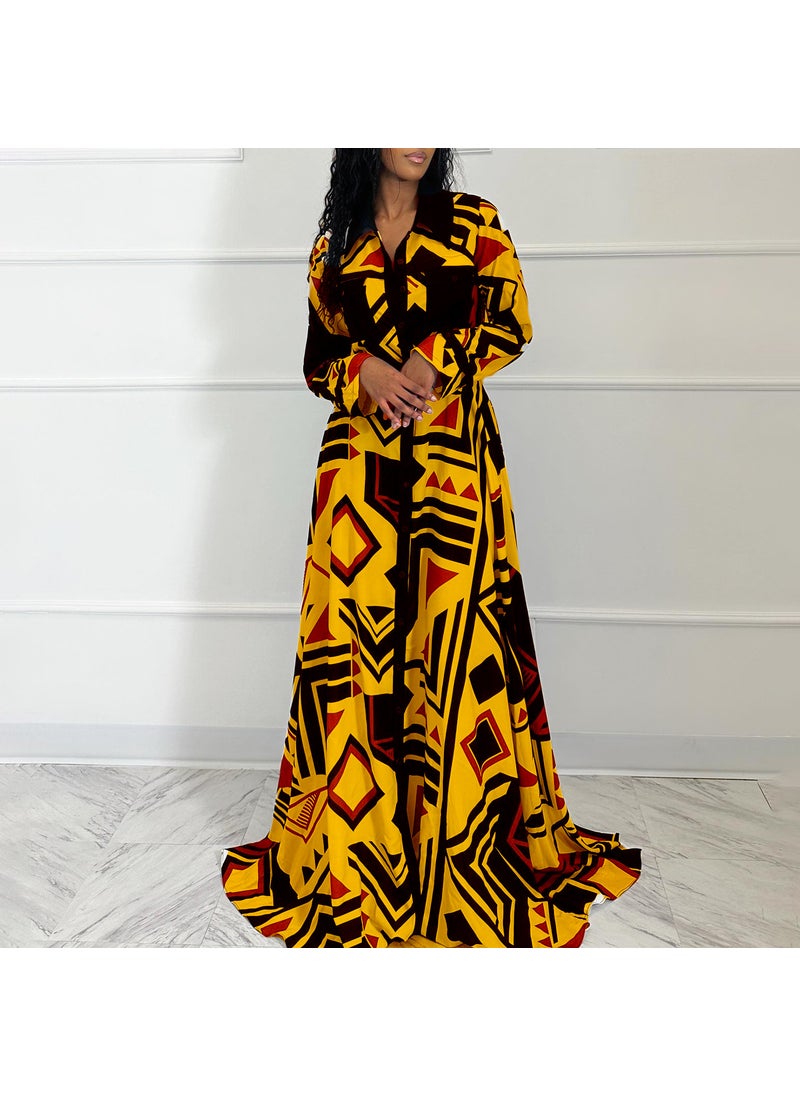 Autumn 2023 Stylish Printed Long Sleeve Dress Yellow