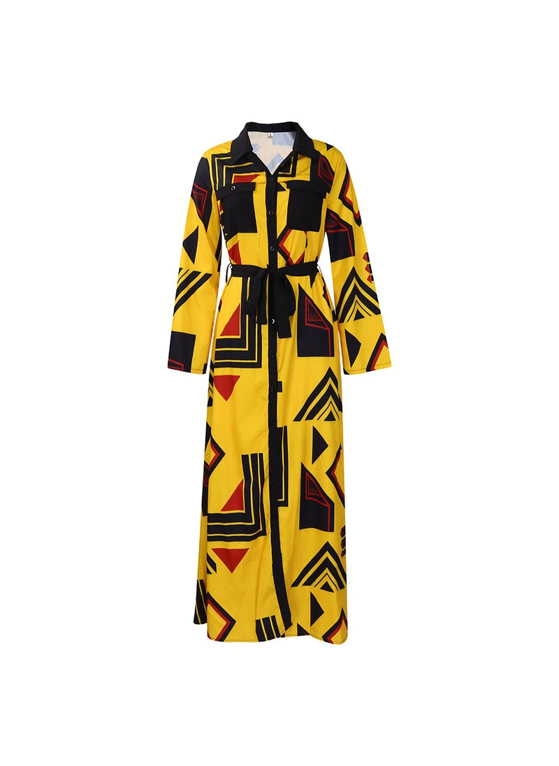 Autumn 2023 Stylish Printed Long Sleeve Dress Yellow