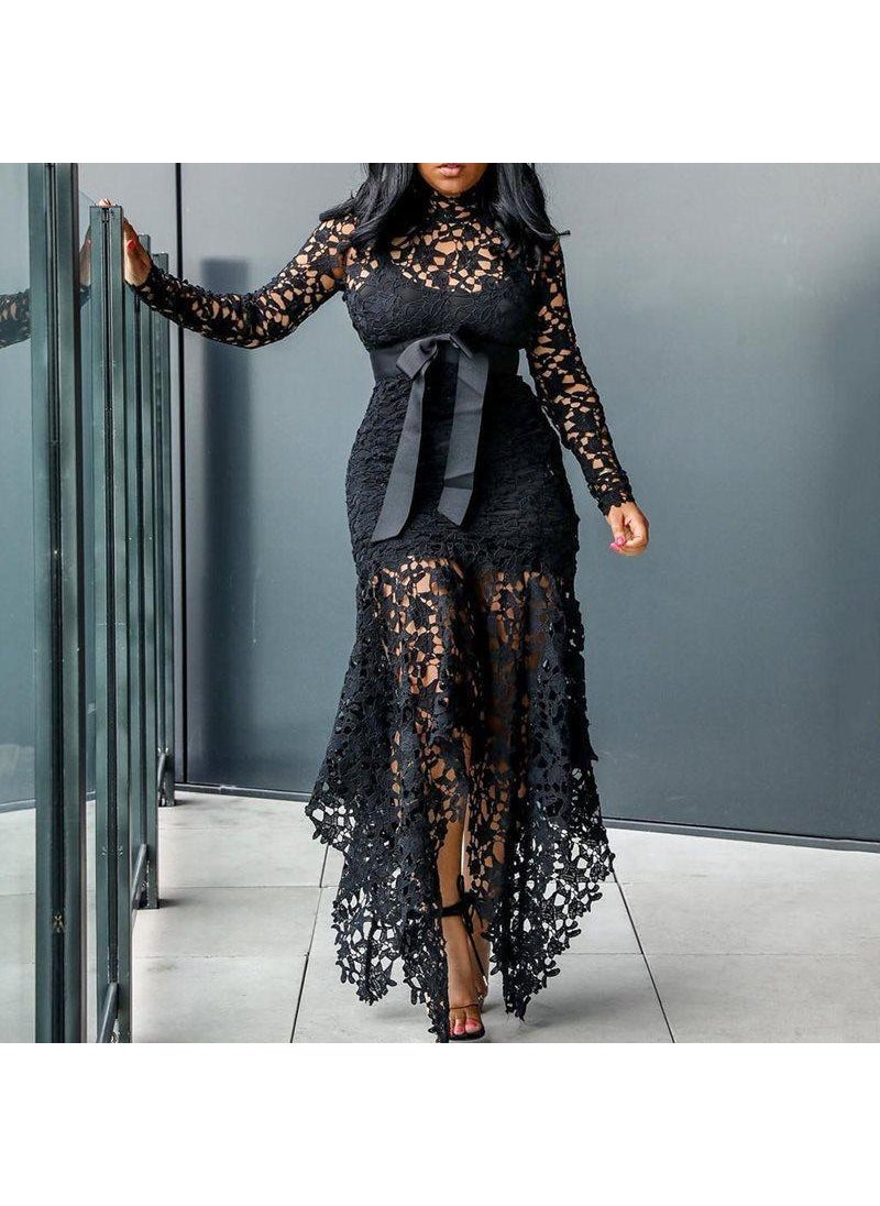 2024 Lace Hollow-out Long Sleeve Dress Black