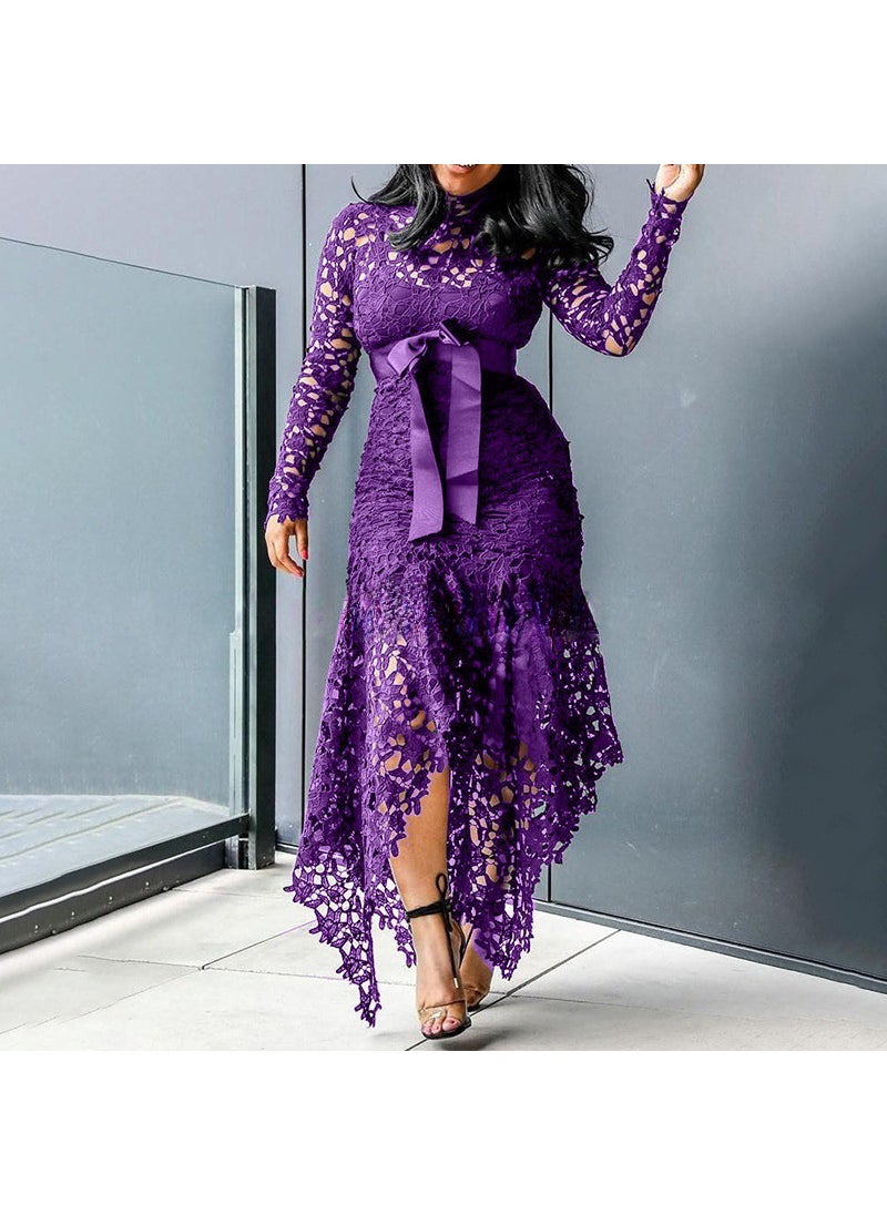 2024 Lace Hollow-out Long Sleeve Dress Purple