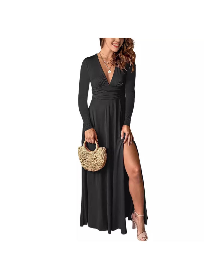 Deep V-Neck Long Sleeve Ruched High-Waist Slit Party Gown Black