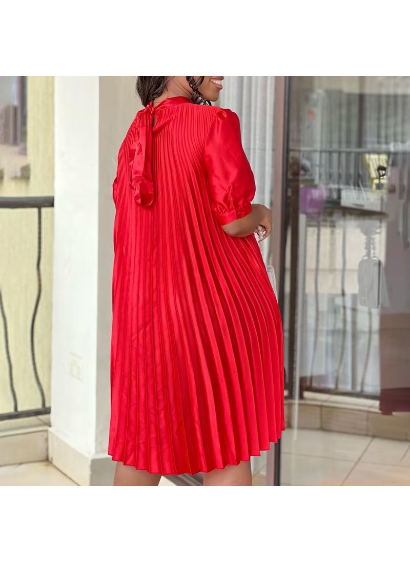 Summer 2023 Plus Size Fashion Casual Tie Pleat Dress Red