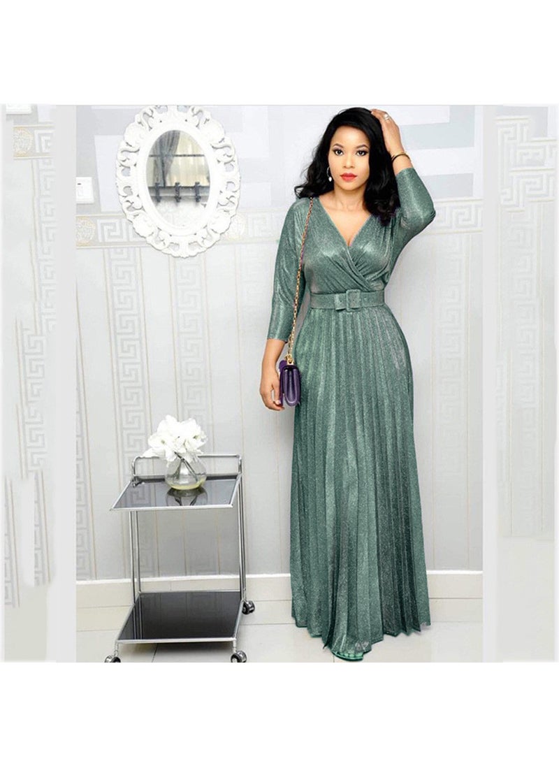 2024 Winter Fashion Pleated Maxi Dress with Belt Peacock Green