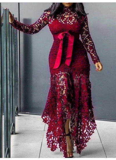 2024 Lace Hollow-out Long Sleeve Dress Burgundy