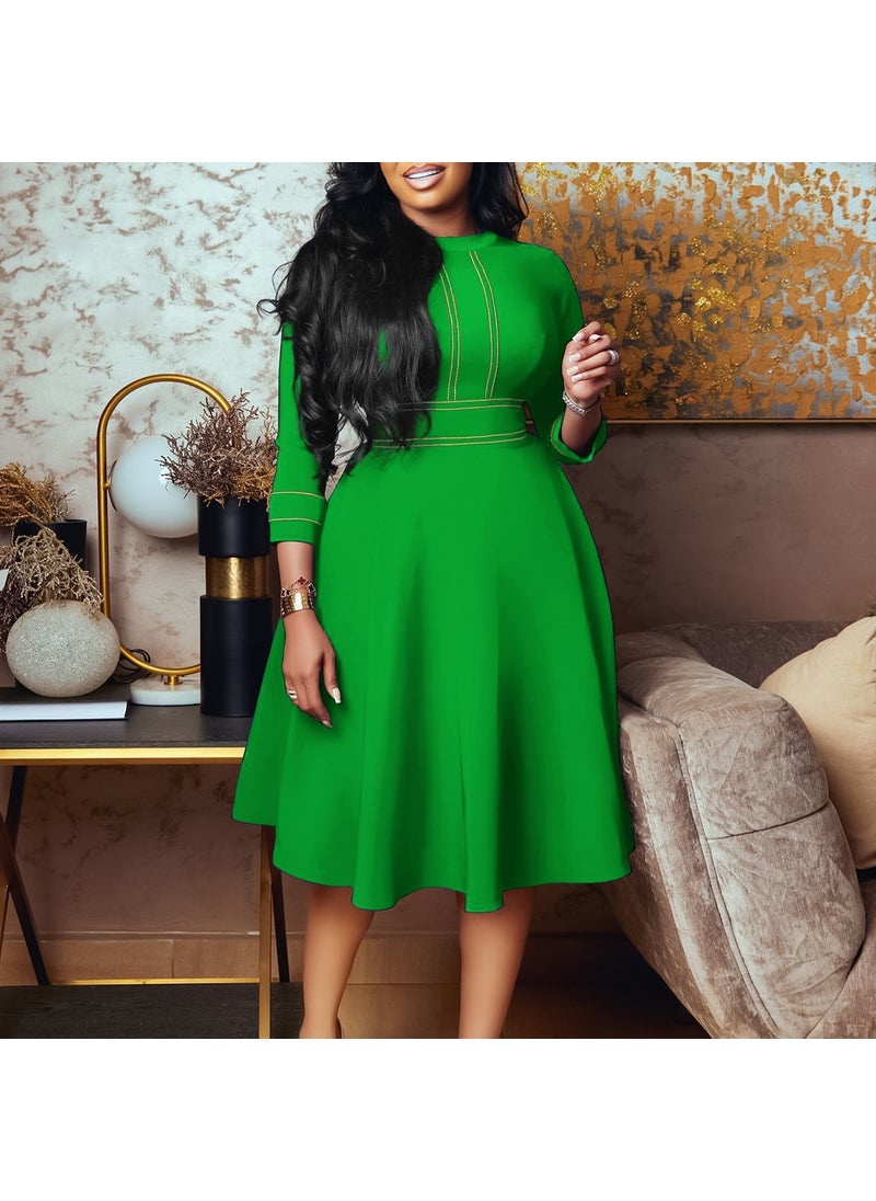 D3222 African Large Size Womens Short-Sleeved Vertical Collar Fashion Party Large Swing Dress Seven-Sleeve Foreign Trade Dress Green