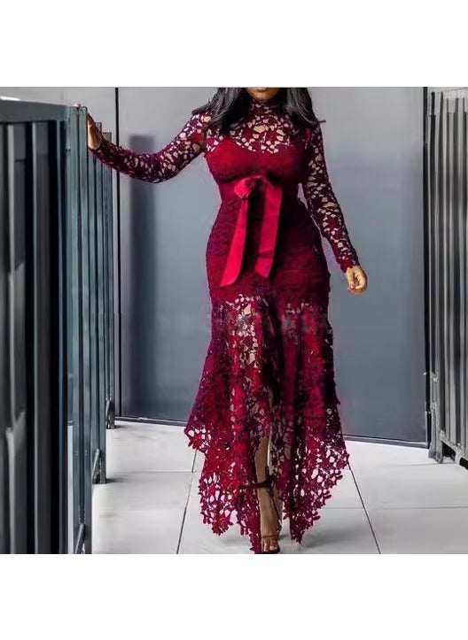 2024 Lace Hollow-Out Long Sleeve Dress Burgundy