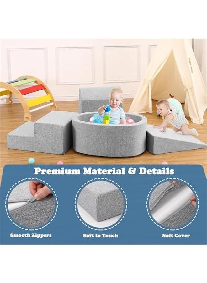 Climbing Toys for Toddlers 1-3,Foam Climbing Blocks and Ball Pit for Baby,5PC Soft Foam Toddlers Climbing Toys with 50 Balls,Climbing Crawling Toys Soft Foam Blocks Activity Play Set (gray)