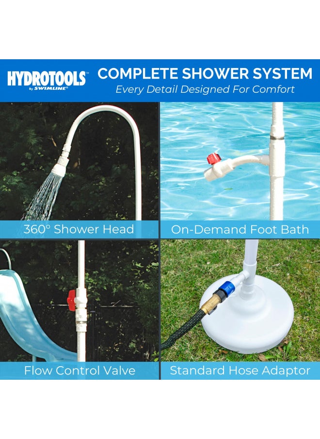 SWIMLINE HYDROTOOLS Tube Style 7 Foot Poolside Shower, Adjustable Head & Foot Tap Spigot With Valve Controls, Standard Garden Hose, Environmentally Friendly, Outdoor Backyard Poolside Beach Spa