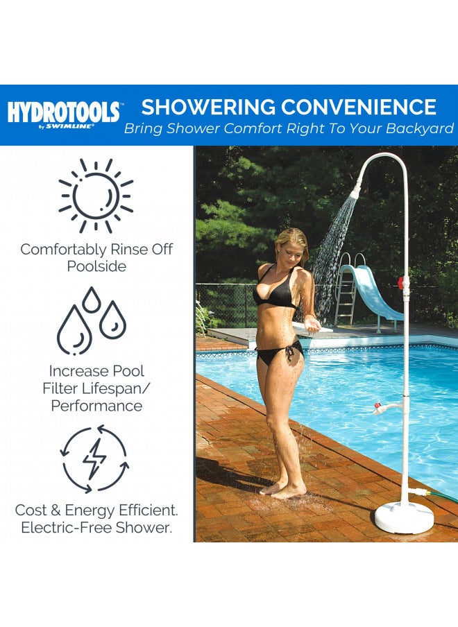 SWIMLINE HYDROTOOLS Tube Style 7 Foot Poolside Shower, Adjustable Head & Foot Tap Spigot With Valve Controls, Standard Garden Hose, Environmentally Friendly, Outdoor Backyard Poolside Beach Spa