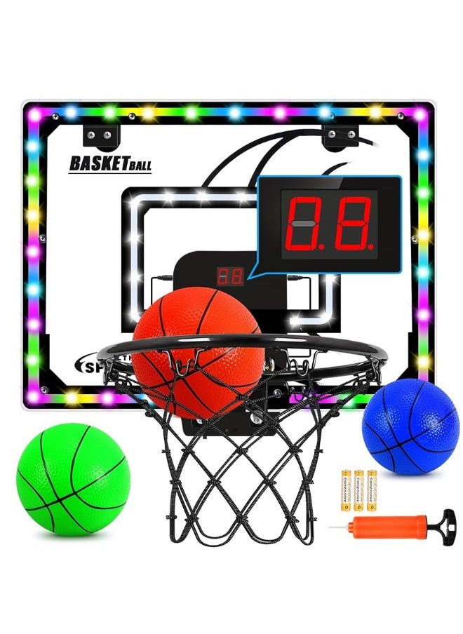 AOKESI Mini Basketball Hoop Indoor with Scorer and Batteries|Inside Basketball Hoop Over The Door with Colorful LED Lighting|Toy Basketball Gifts for Boys Girls Teens Adults