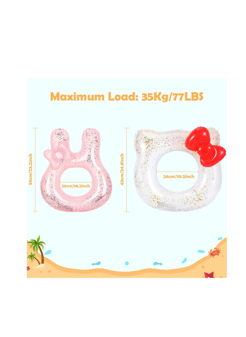 Inflatable Pool Float Tubes, KASTWAVE Animal Cartoon Shape Swimming Rings Thicken PVC Flotation Swim Ring with Handle Beach Pool Party Supplies for Children (White Cat Pink Rabbit 2 Pack)