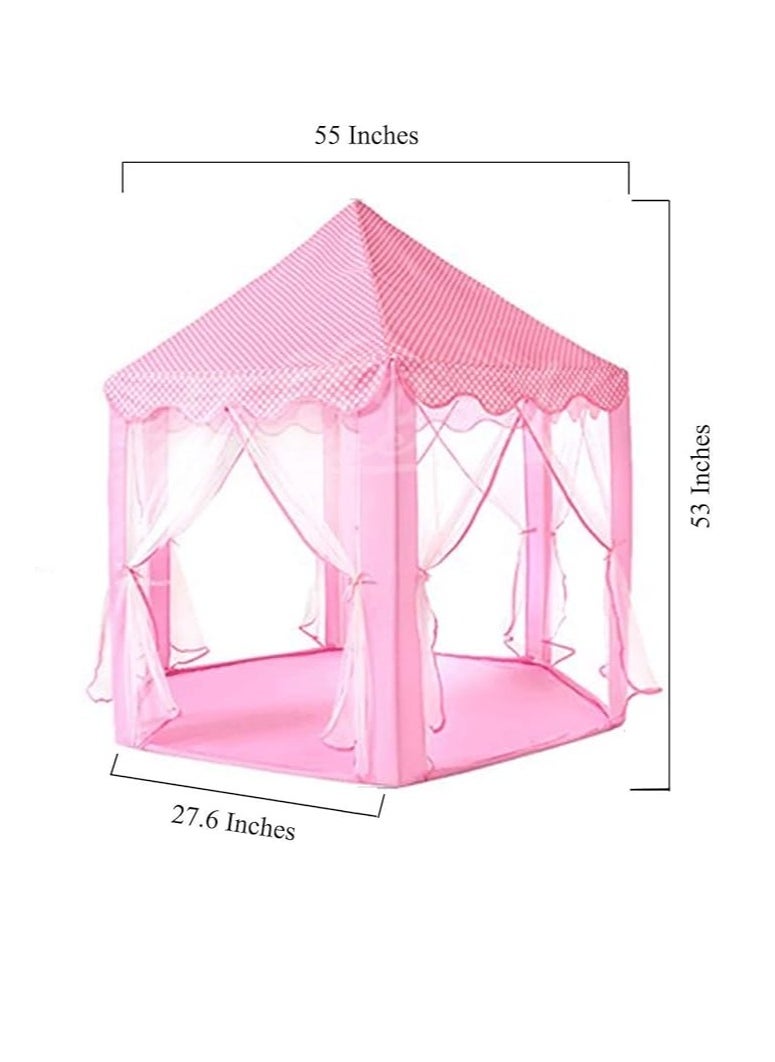 Pink Children's Play Tent with Gabled Roof, Scalloped Edges, and Lace Draped Posts – Pastel Pink Fabric, Checkered Pattern, 55-inch Height, Ideal for Indoor Play