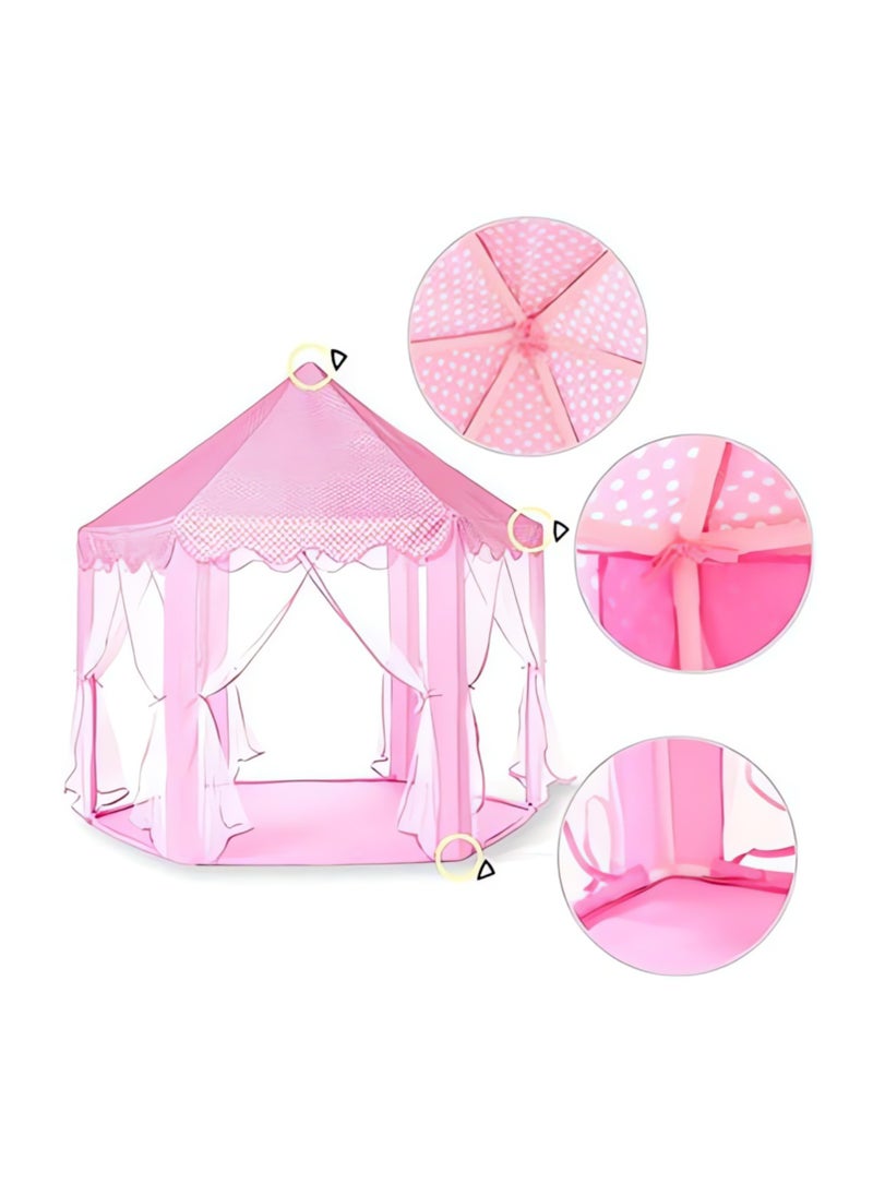 Pink Children's Play Tent with Gabled Roof, Scalloped Edges, and Lace Draped Posts – Pastel Pink Fabric, Checkered Pattern, 55-inch Height, Ideal for Indoor Play