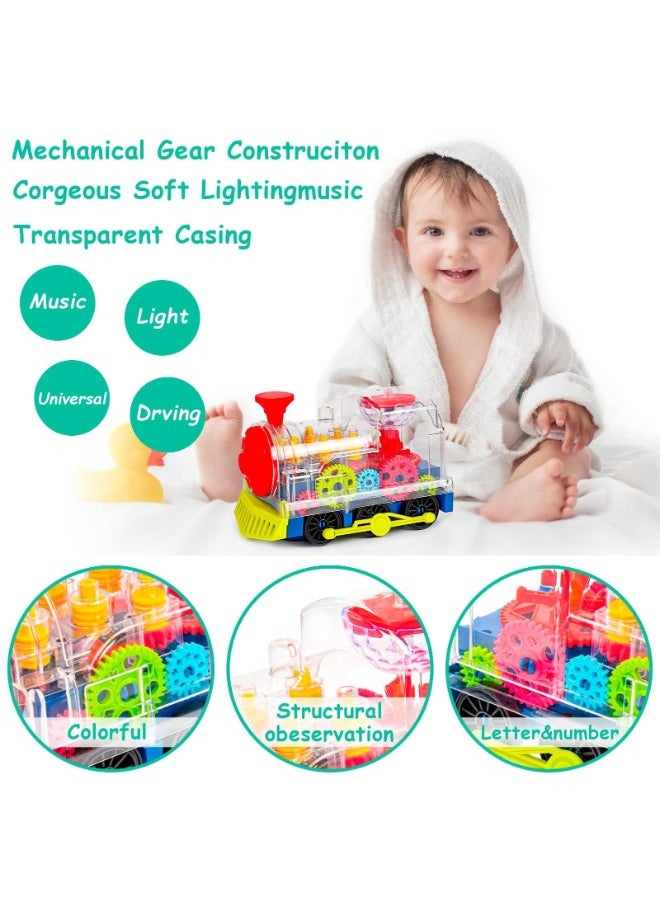 Light Up Gear Train Toy for Kids – Transparent Electric Rotating Mechanical Train with Flashing Lights, Music & Sound – Educational Locomotive Toy