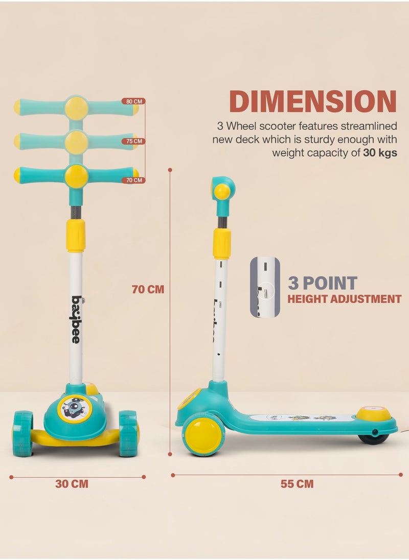 Baybee Rolo Skate Scooter for Kids 3 Wheel Kids Scooter with 3 Height Adjustable Baby Scooter with LED PU Wheels, Light & Music Kick Scooter for Baby Scooter for Kids 3 to 8 Years Boy Girl Green