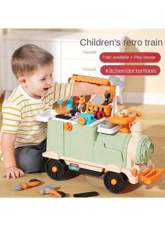 New retro small train toys set multifunctional play house baby electric kitchen train children's toy car can sit people