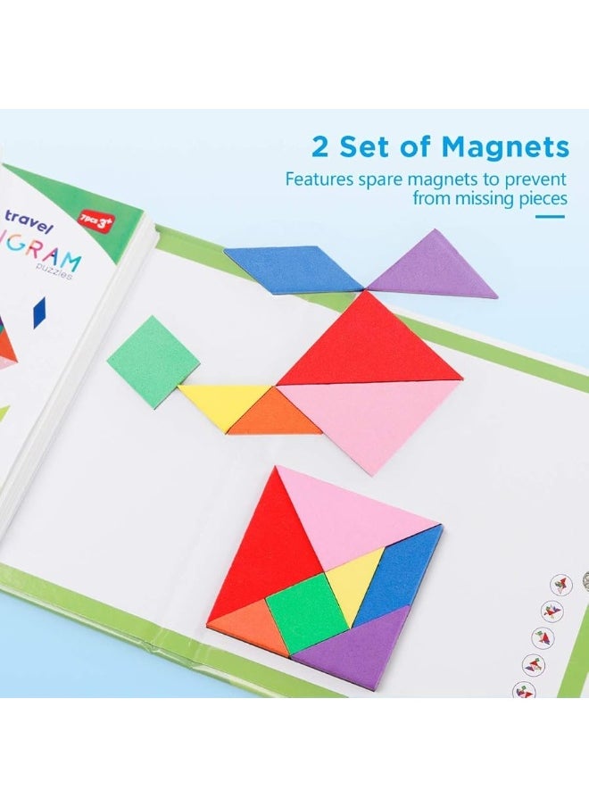 Vanmor Travel Tangram Puzzle with 2 Sets Magnetic Plate-Montessori Shape Pattern Blocks Jigsaw Road Trip Games with 368 Solution - IQ Book Educational Toy Brain Teaser Gift for Kids Adults Challenge