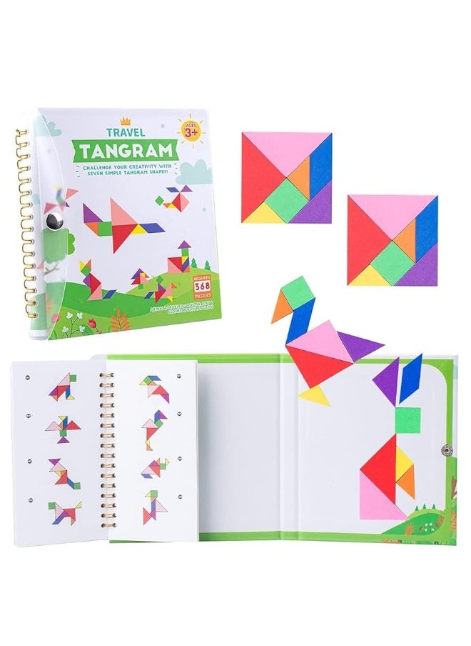 Vanmor Travel Tangram Puzzle with 2 Sets Magnetic Plate-Montessori Shape Pattern Blocks Jigsaw Road Trip Games with 368 Solution - IQ Book Educational Toy Brain Teaser Gift for Kids Adults Challenge